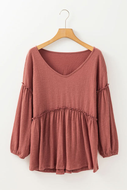 Frilled Sheer V-Neck Long Sleeve Top