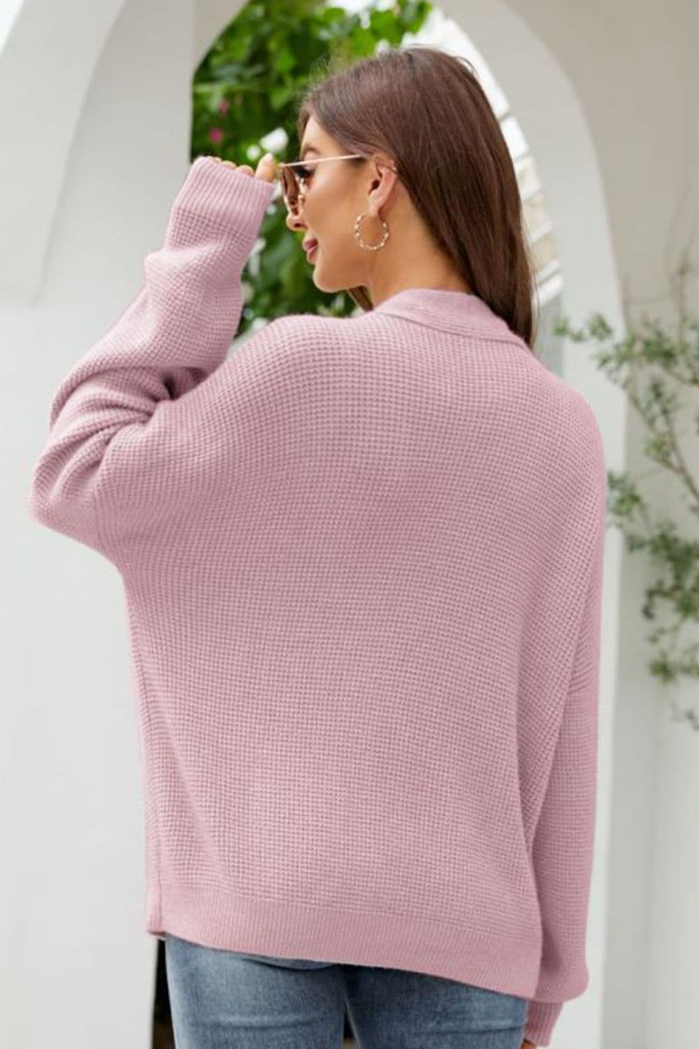 Waffle-Knit Dropped Shoulder Cardigan.