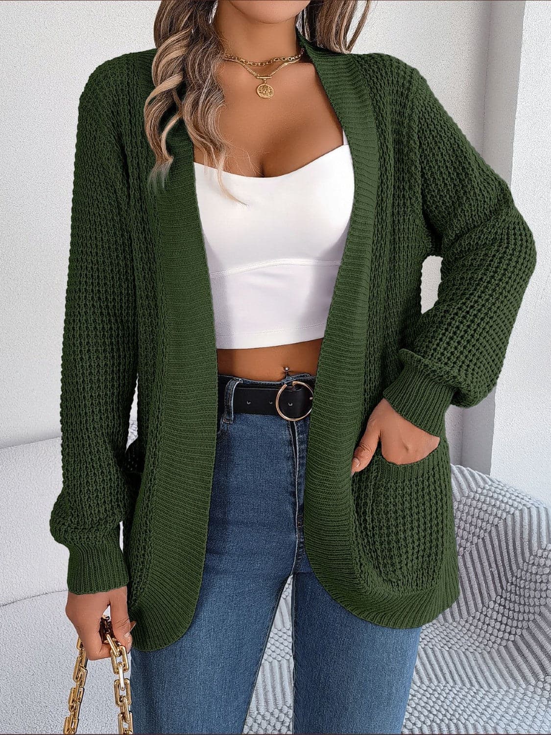 Open Front Long Sleeve Cardigan with Pockets.