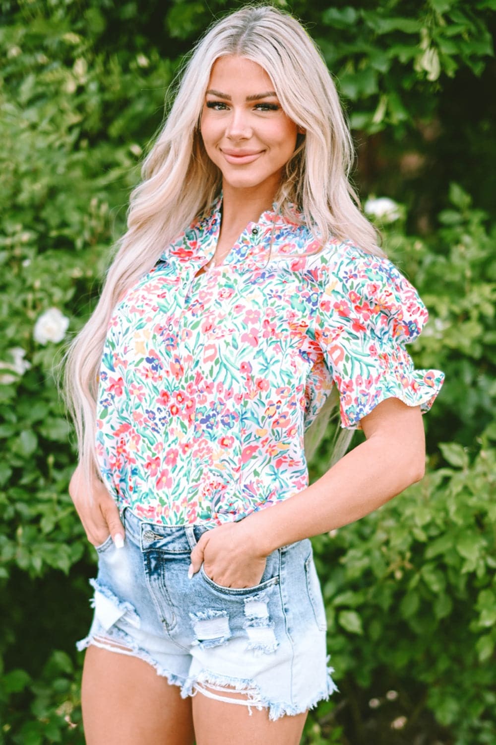 Printed Notched Short Sleeve Blouse.