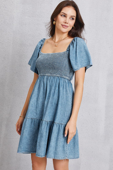 Smocked Square Neck Mini Denim Dress.