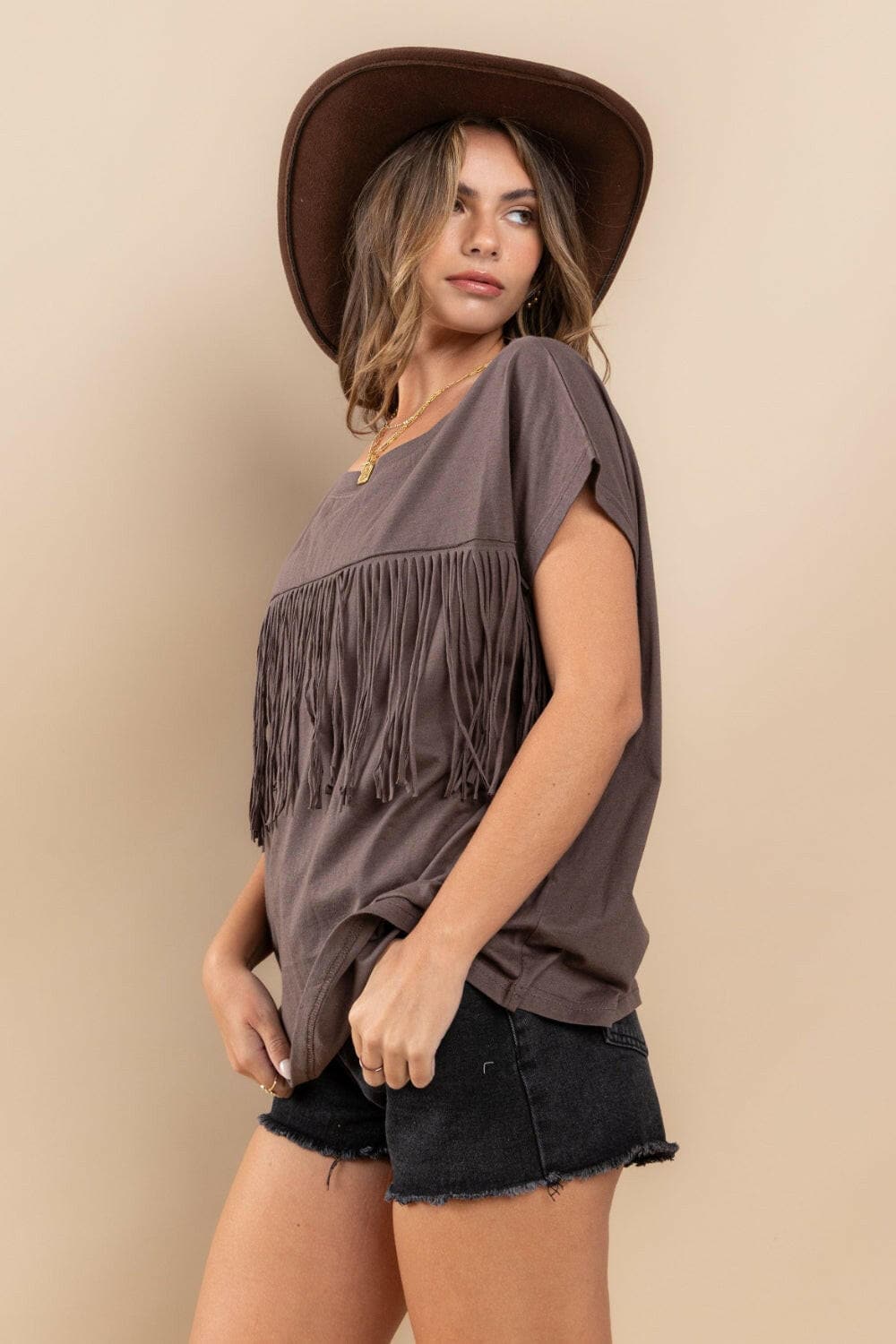 Ces Femme Fringe Detail Round Neck Short Sleeve Top.