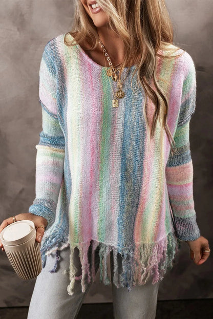 Fringe Color Block Round Neck Sweater.