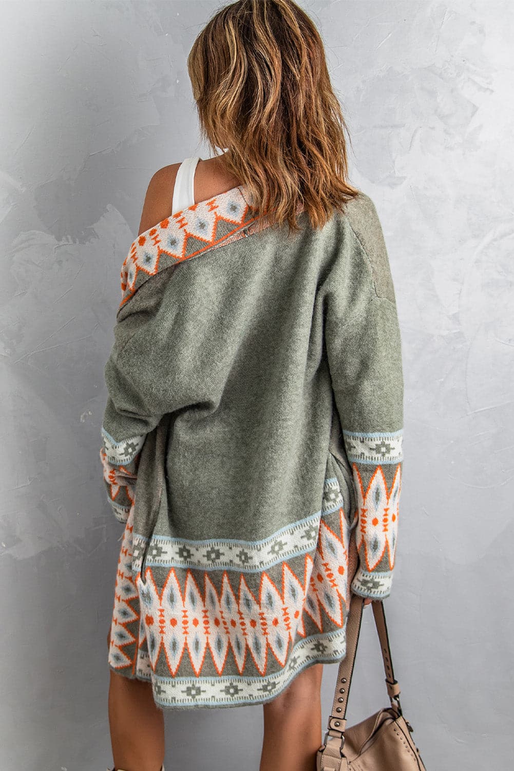 Geometric Open Front Long Sleeve Cardigan.