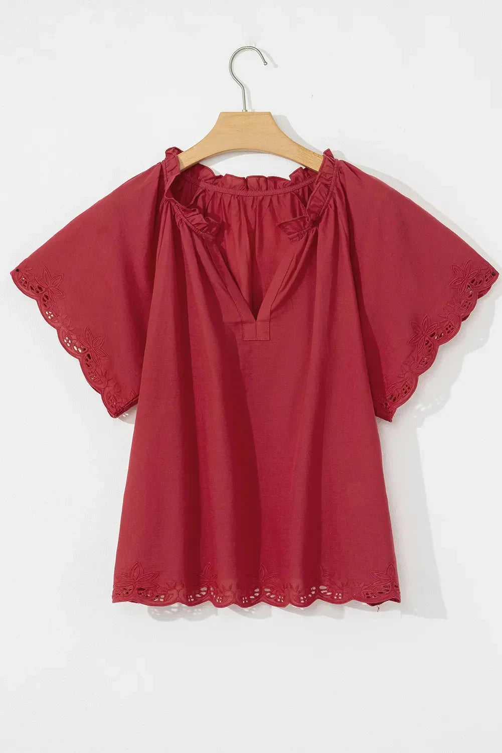 Floral Embroidered Scallop Trim Short Sleeve Notched Blouse Simply Love