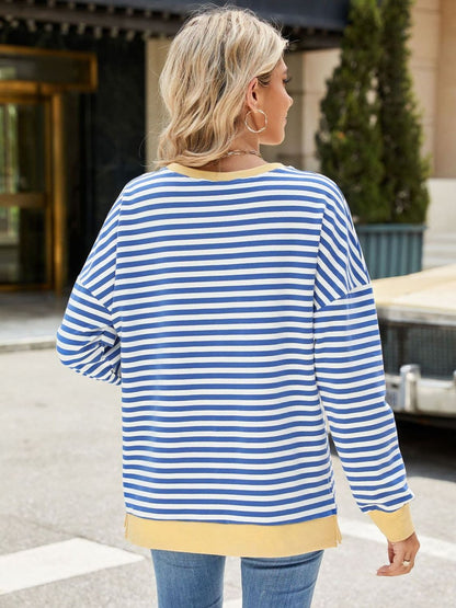 Slit Striped Round Neck Long Sleeve Sweatshirt.