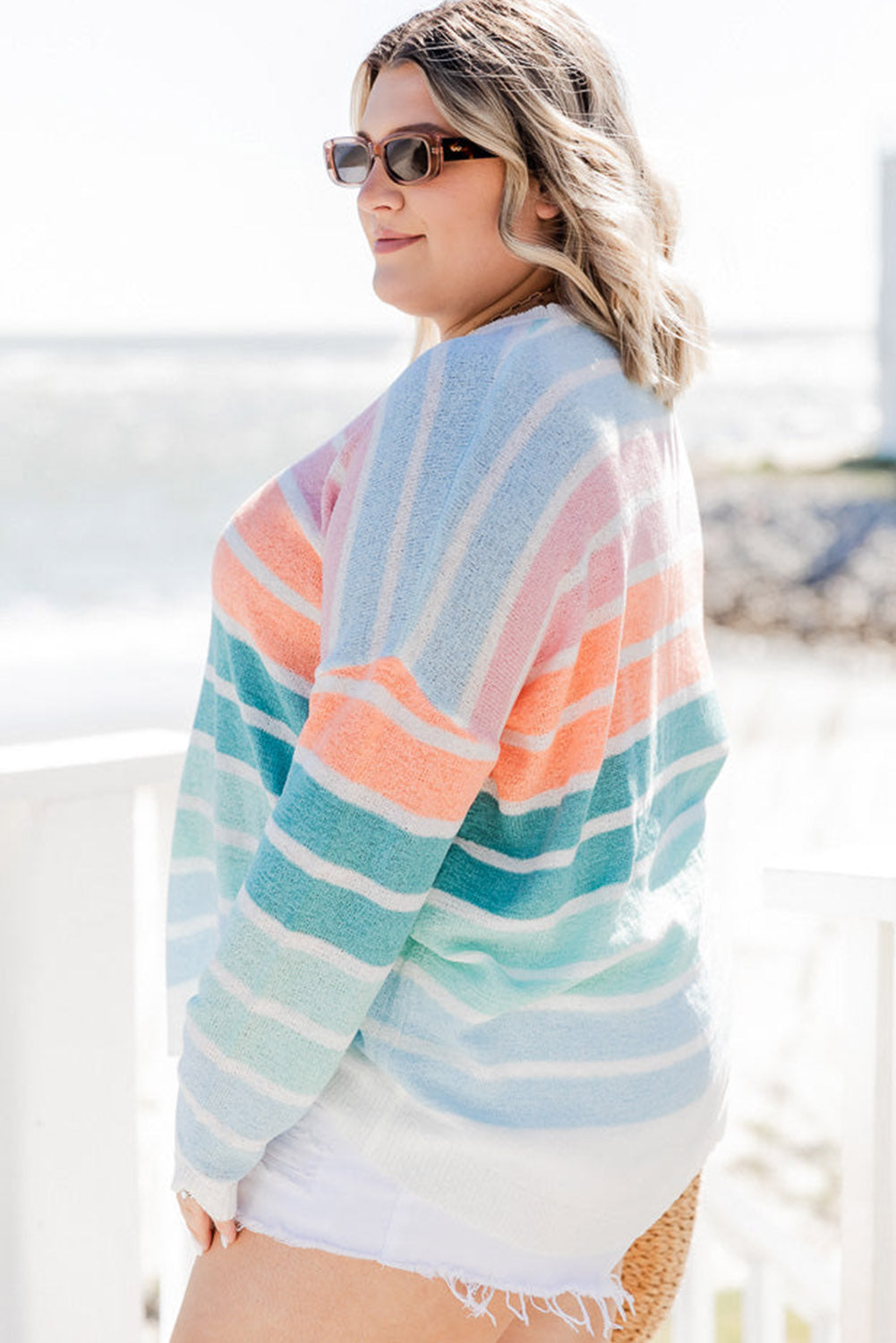 Chic multicolor striped plus size crewneck sweater