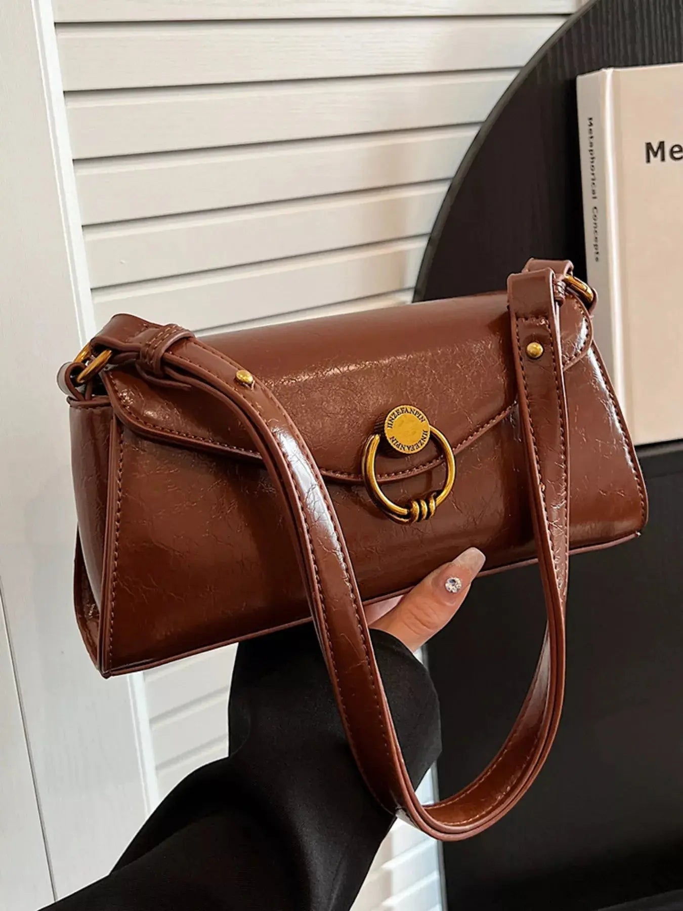 Small PU Leather Retro Ring Decor Shoulder Bag Gold Ring Accent Simply Love