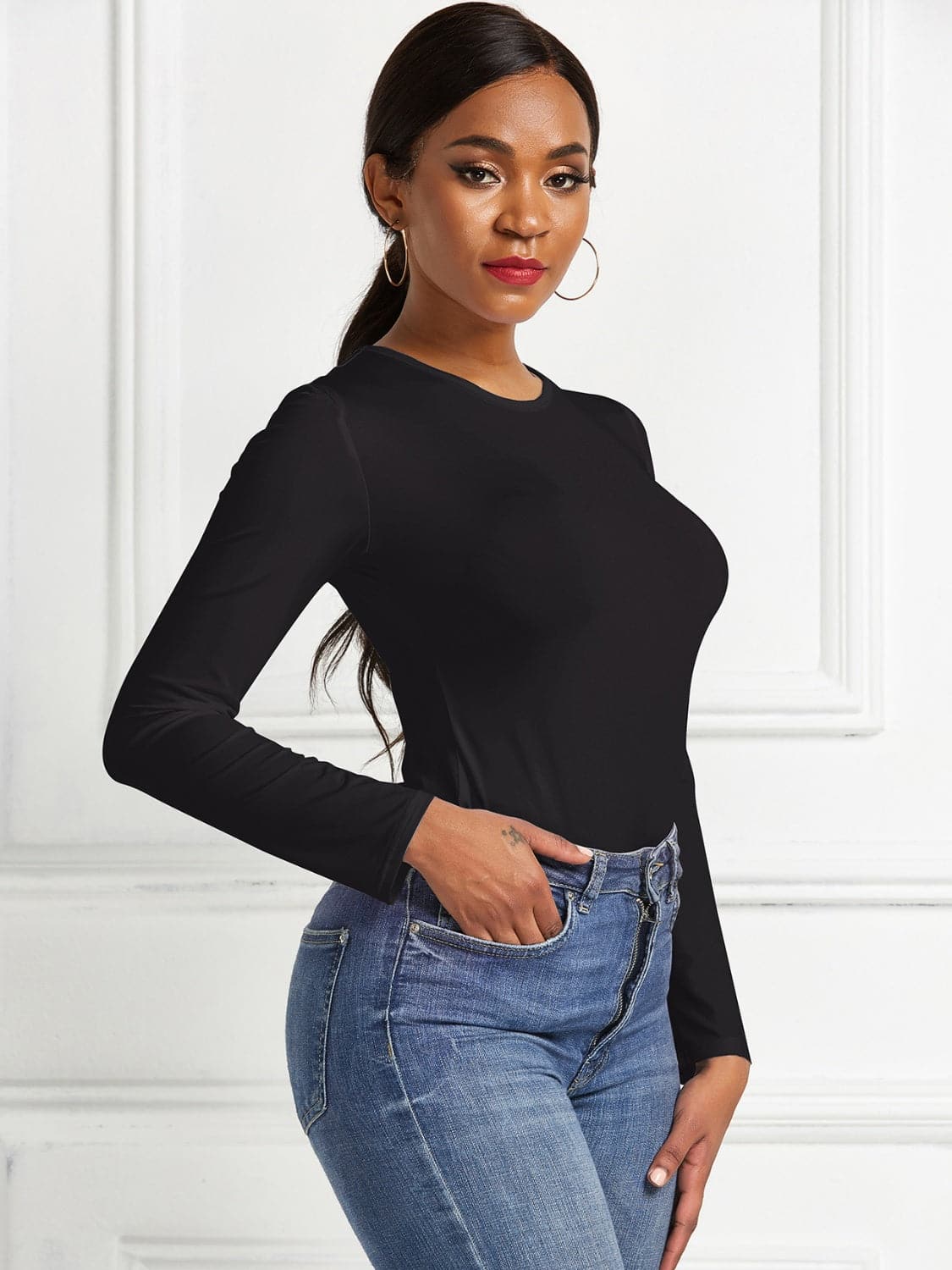 Round Neck Long Sleeve Bodysuit.