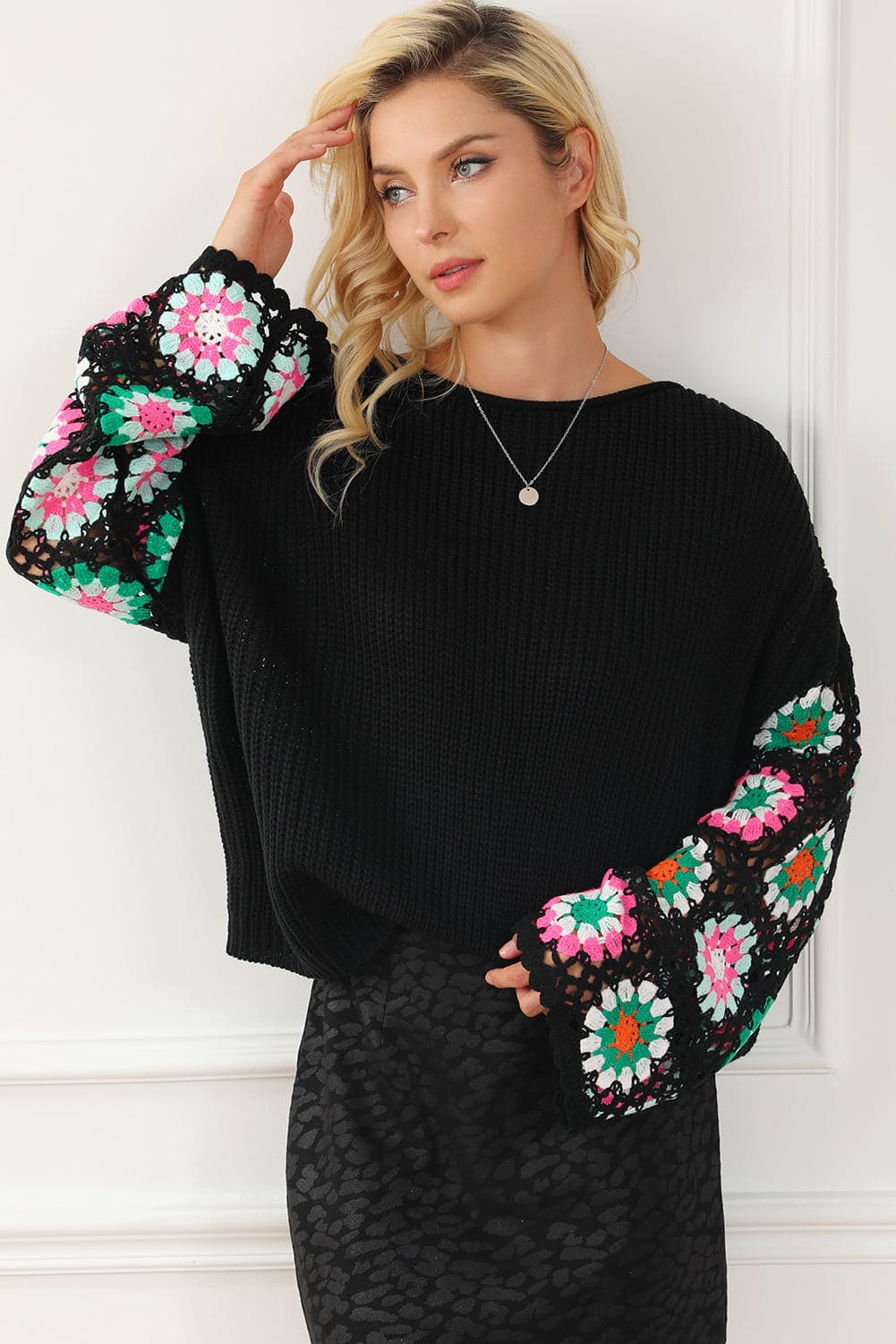 Crochet Round Neck Long Sleeve Knit Top.