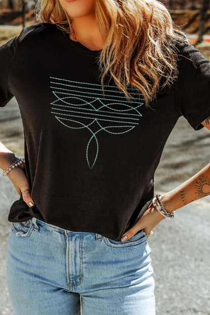 Embroidered Round Neck Short Sleeve T-Shirt