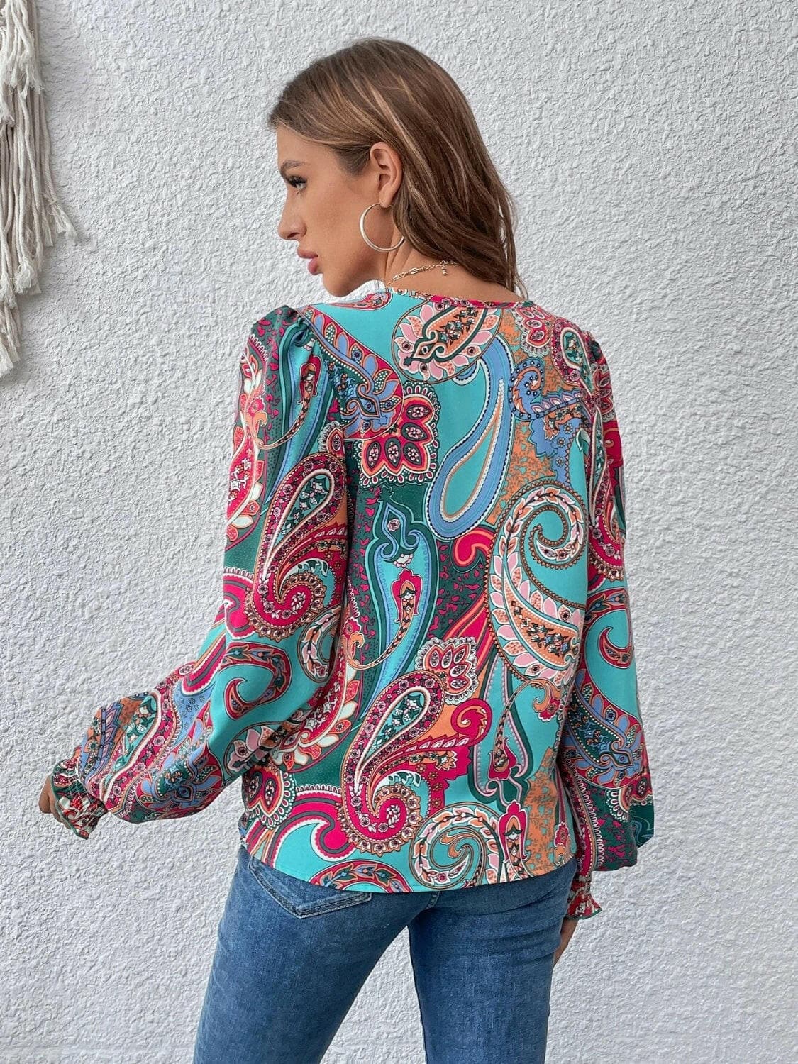 Printed Surplice Smocked Lantern Sleeve Blouse.