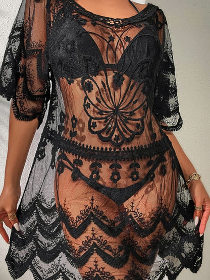 Lace Round Neck Half Sleeve Cover-Up.