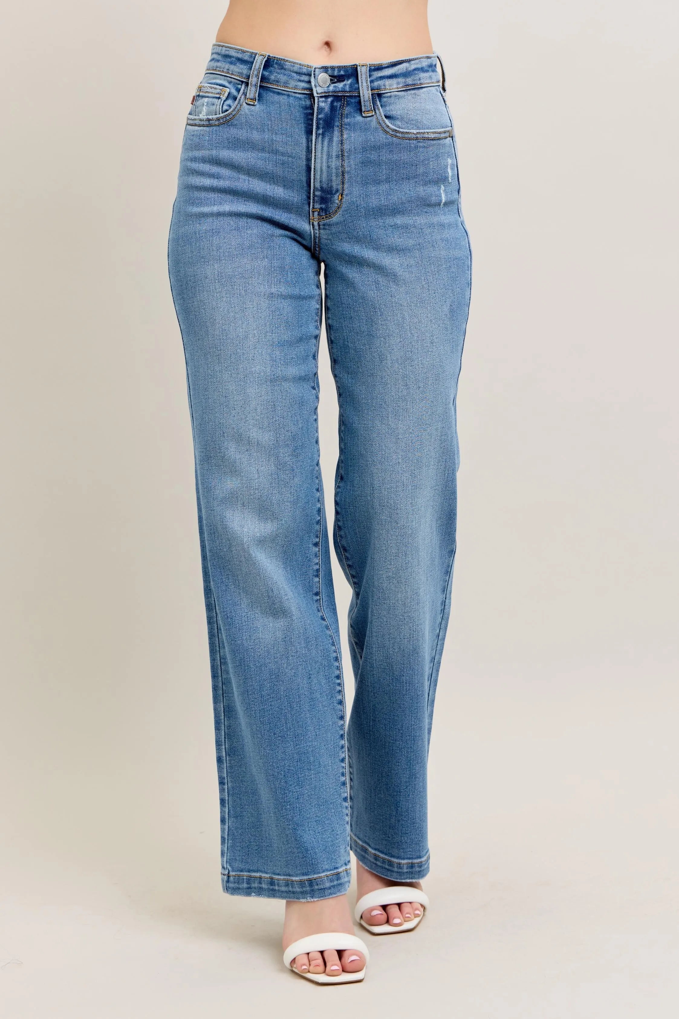 Judy Blue Plus Size High Waist Straight Leg Jeans in Medium Blue Wash - Love Salve 