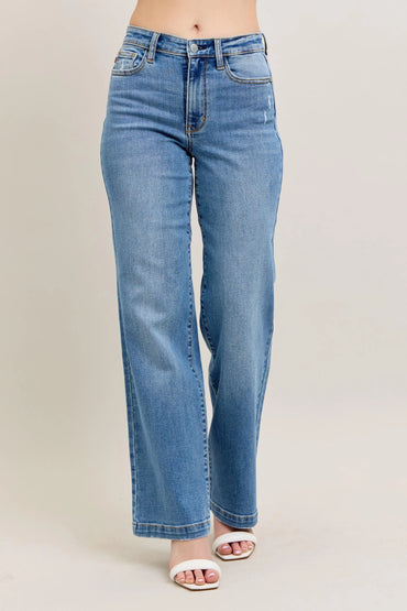 Judy Blue Plus Size High Waist Straight Leg Jeans in Medium Blue Wash - Love Salve 