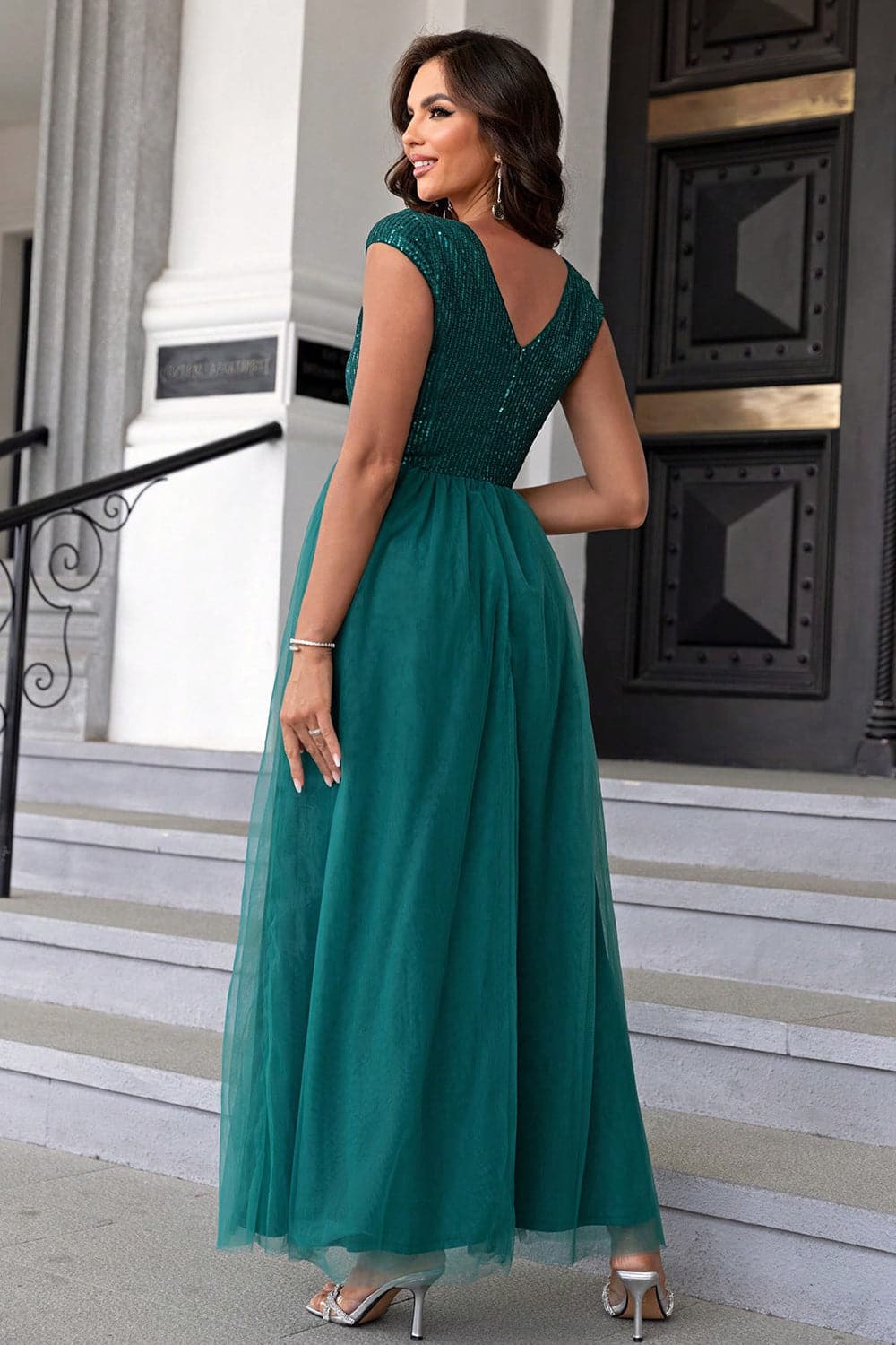 Sequin V-Neck Mesh Maxi Dress.