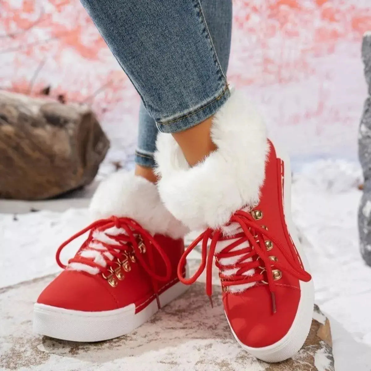 Fuzzy Trim Lace-Up Ankle Boots Simply Love