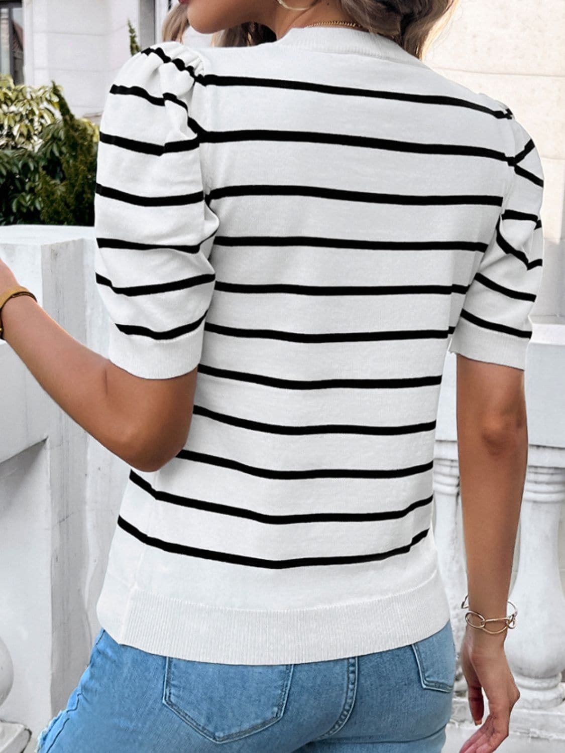 Striped Round Neck Puff Sleeve Knit Top.