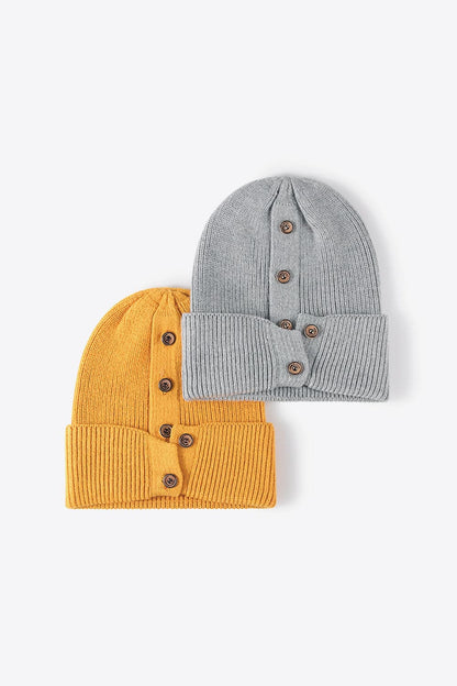 Button Detail Rib-Knit Cuff Beanie.