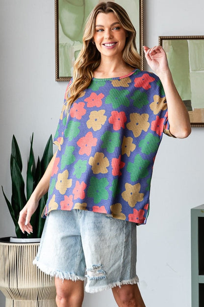 HOPELY Full Size Floral Round Neck Side Slit T-Shirt.