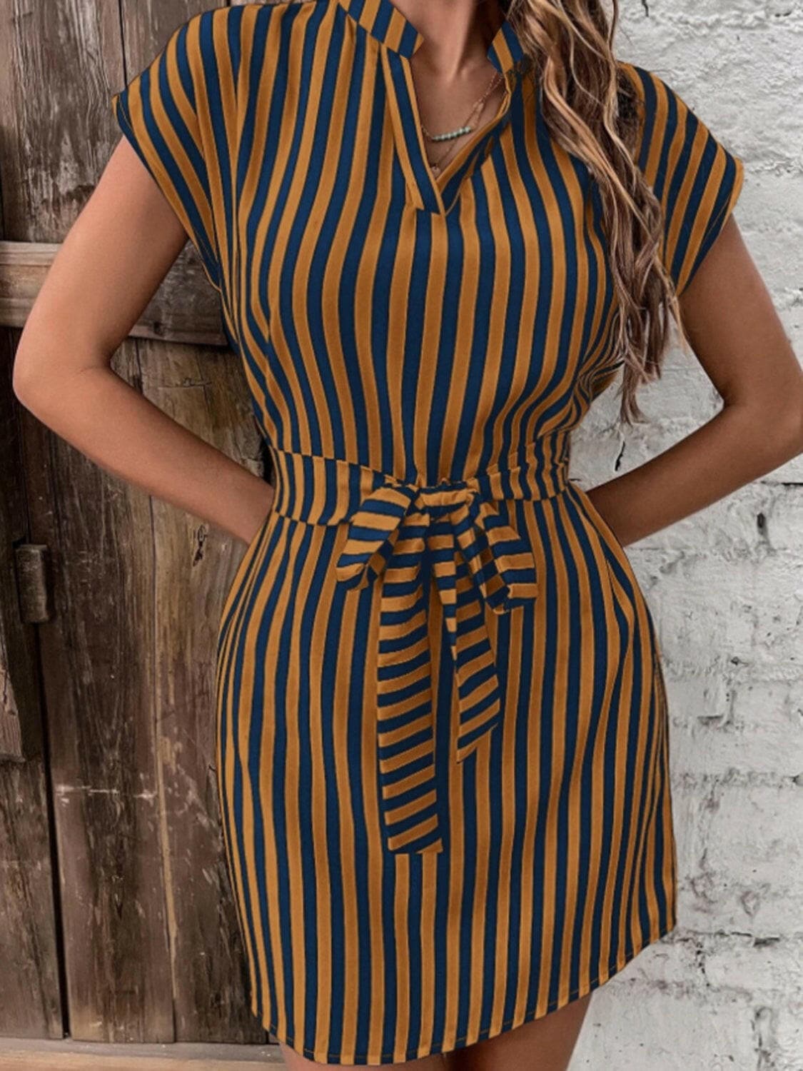 Tied Striped Cap Sleeve Mini Dress.