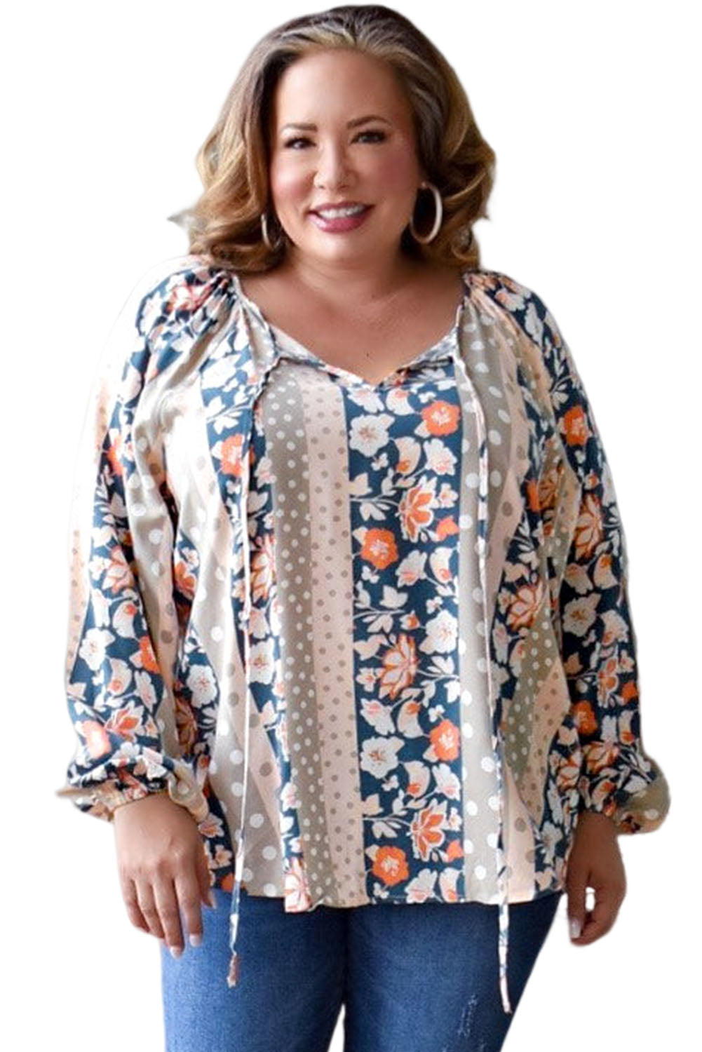 Colorful plus size mixed print blouse with split neckline