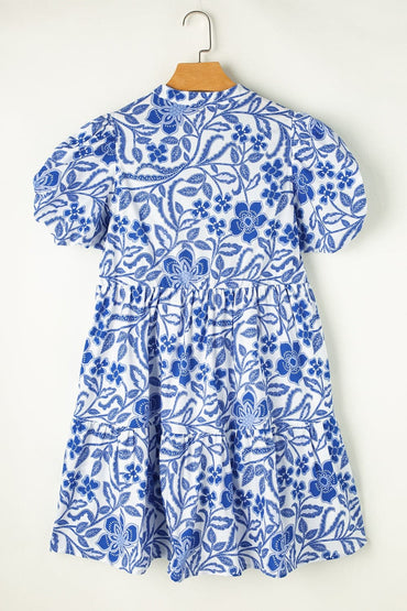 Printed Notched Puff Sleeve Dress.