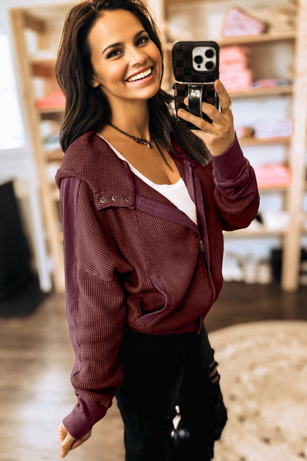 Burgundy Waffle Splicing Zip Up Hooded Jacket With Front Button Closure For Casual Outerwear Dear-Lover Dropshipping