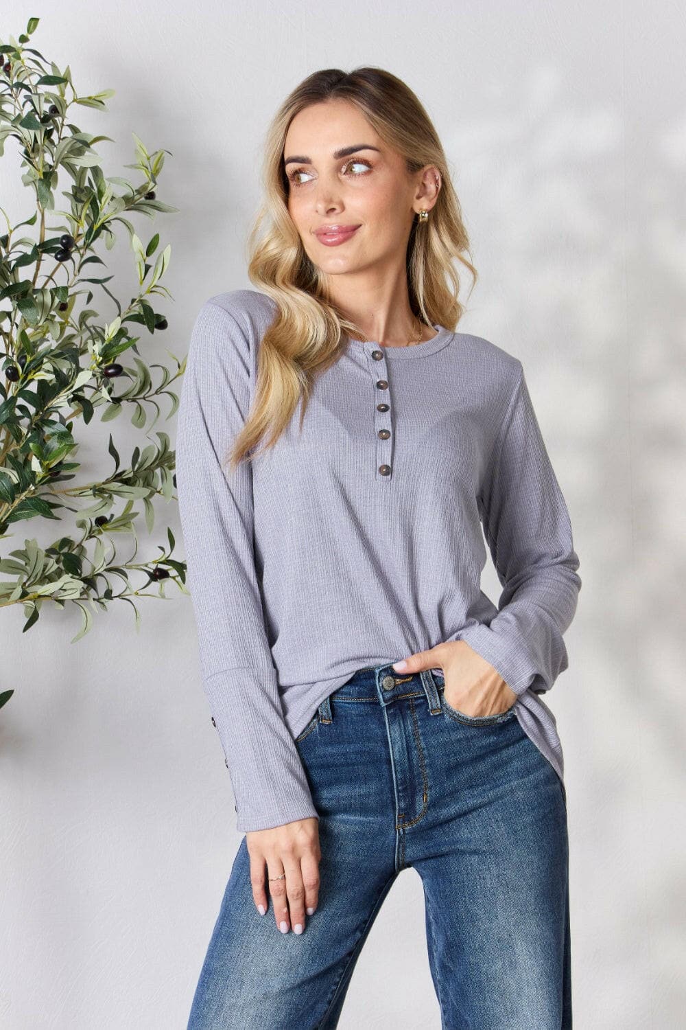 Heimish Full Size Texture Half Button Long Sleeve Top.