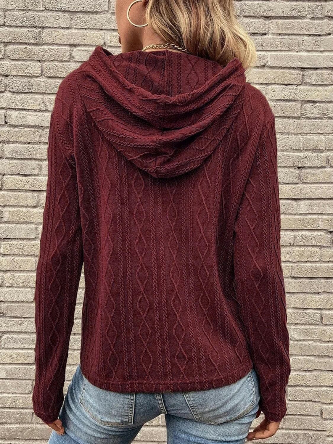 Cable-Knit Drawstring Hooded Knit Top.