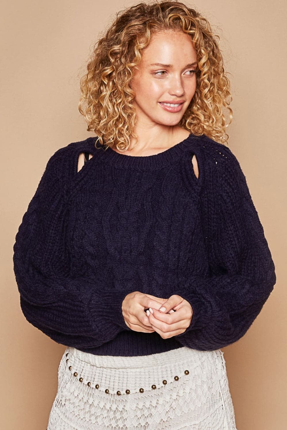 POL Cable Knit Cutout Long Sleeve Sweater.