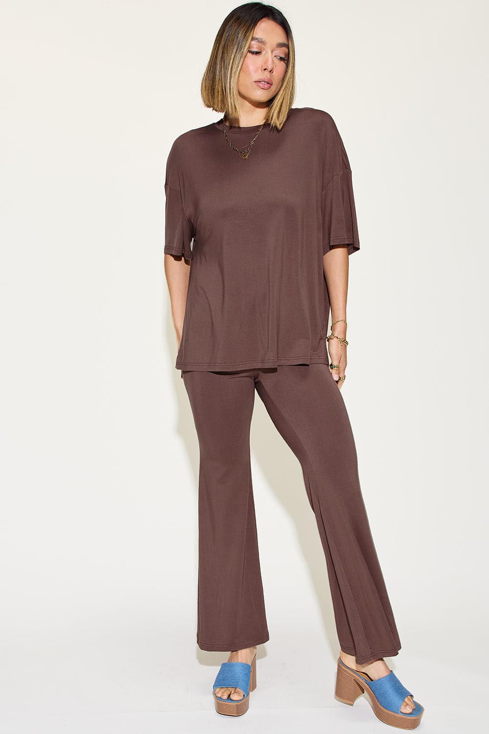 Bamboo bliss: Relaxed drop shoulder tee and flare pants set