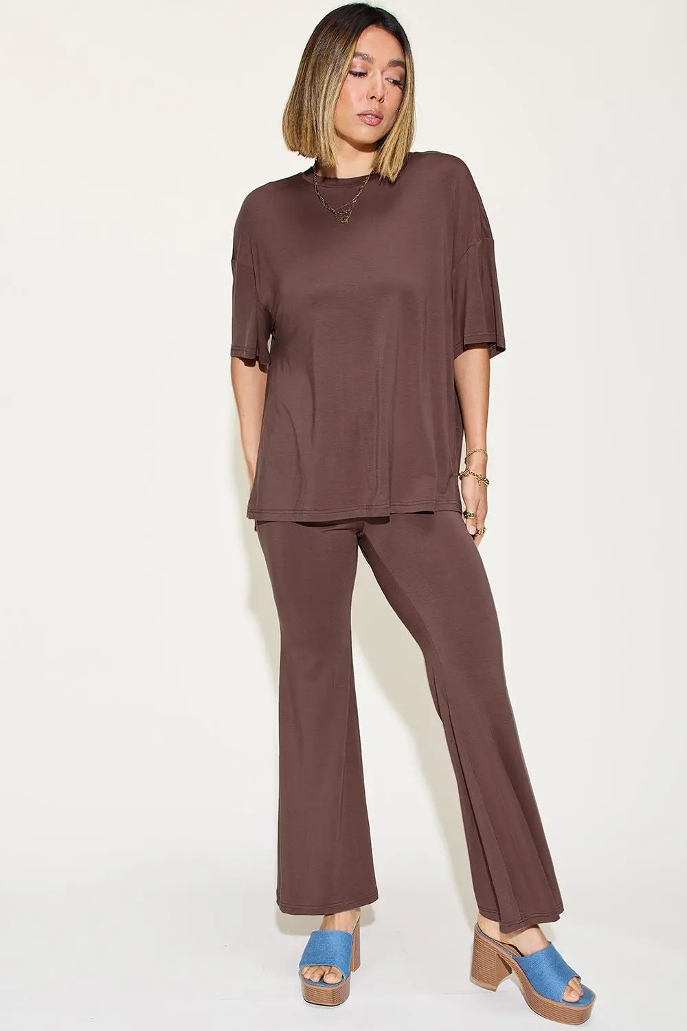 Basic Bae Full Size Bamboo Drop Shoulder T-Shirt and Flare Pants Set - Love Salve