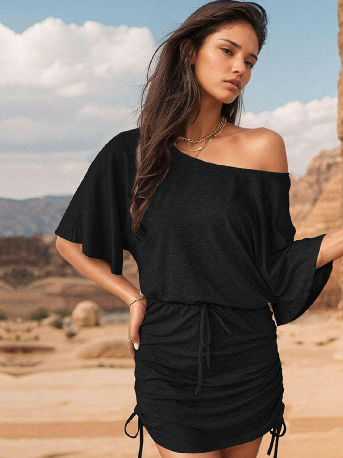 Drawstring One Shoulder Three-Quarter Sleeve Mini DressUpgrade Your Style with the Drawstring One Shoulder Mini Dress
 
 
Chic Design: Stand out in style with this one-shoulder mini dress featuring a trendy drawstring deLove Salve -Quarter Sleeve Mini Dressjust arrived