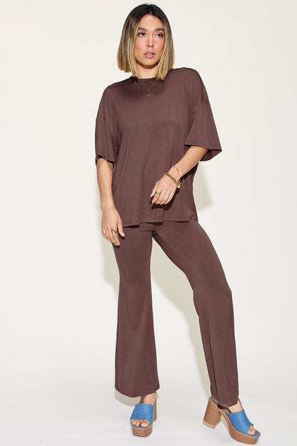 Bamboo bliss: Relaxed drop shoulder tee and flare pants set