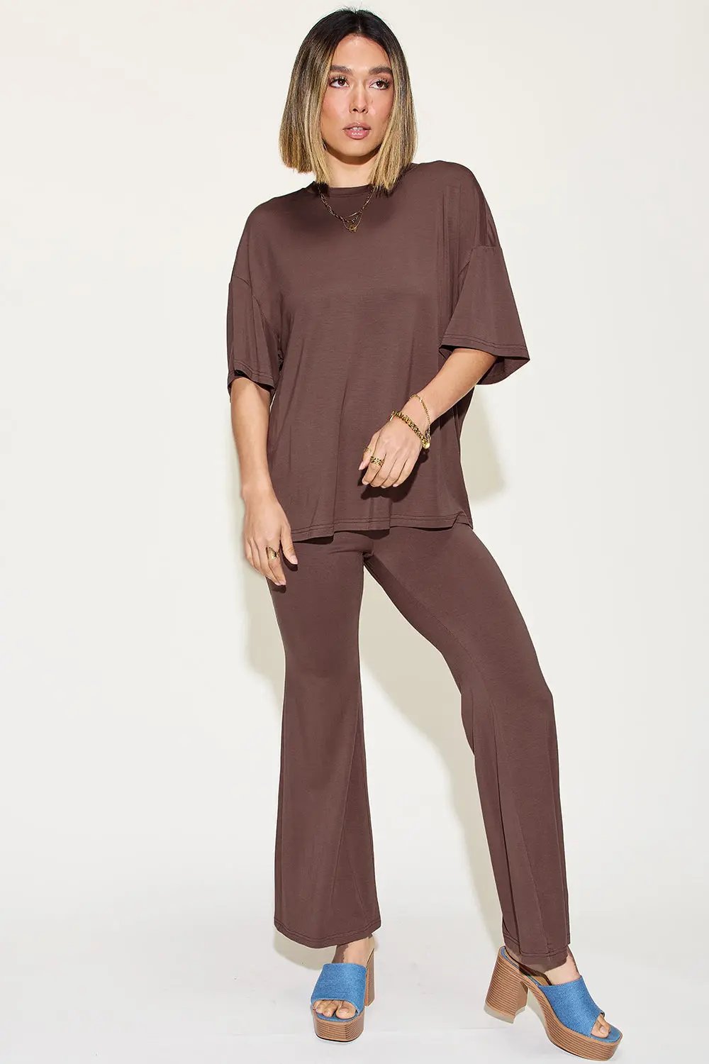Basic Bae Full Size Bamboo Drop Shoulder T-Shirt and Flare Pants Set - Love Salve