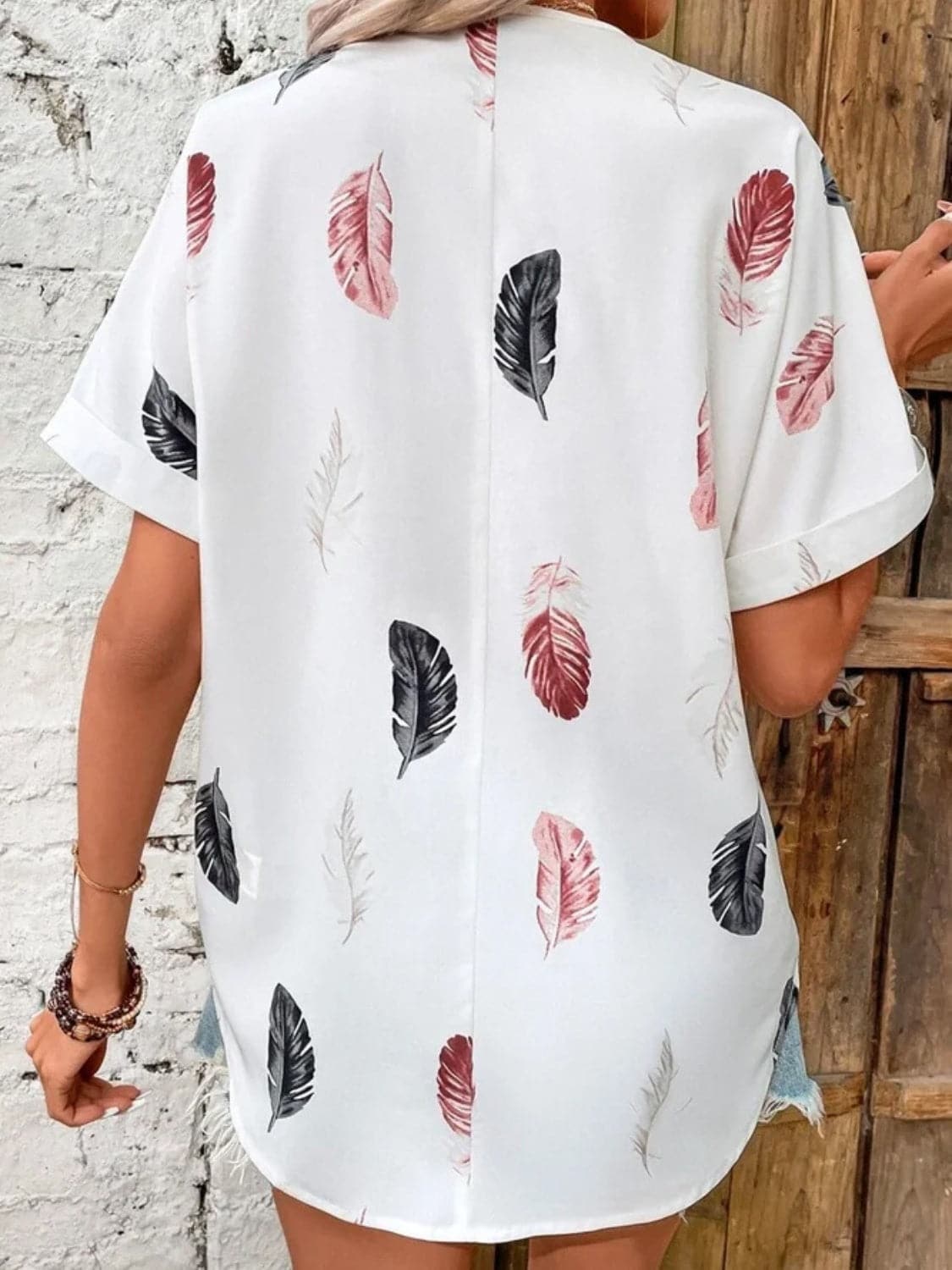 Full Size Printed Collared Neck Short Sleeve Blouse.