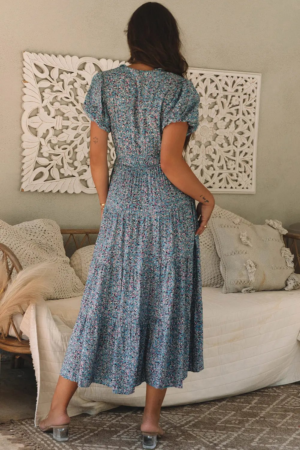 Helena Shirred Short Puff Sleeve Maxi Dress in Stylish Print - Love Salve 