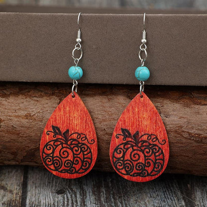 Turquoise Wooden Pumpkin Teardrop Earrings.