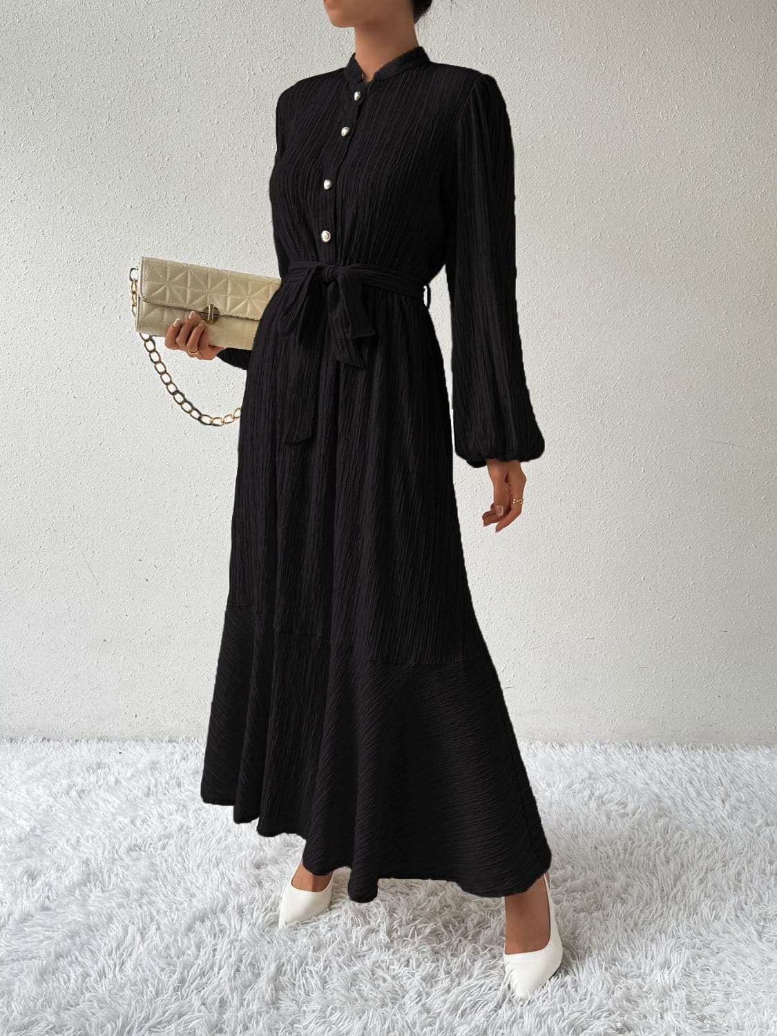 Tie Waist Long Sleeve Dress.