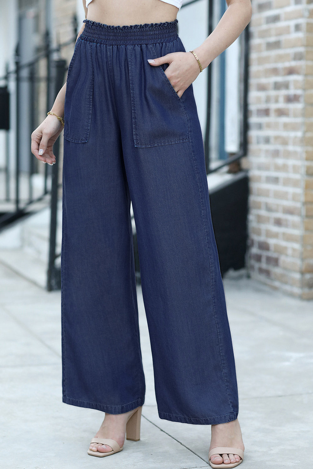 Sail blue frilled smocked high-waist wide-leg jeans with pockets