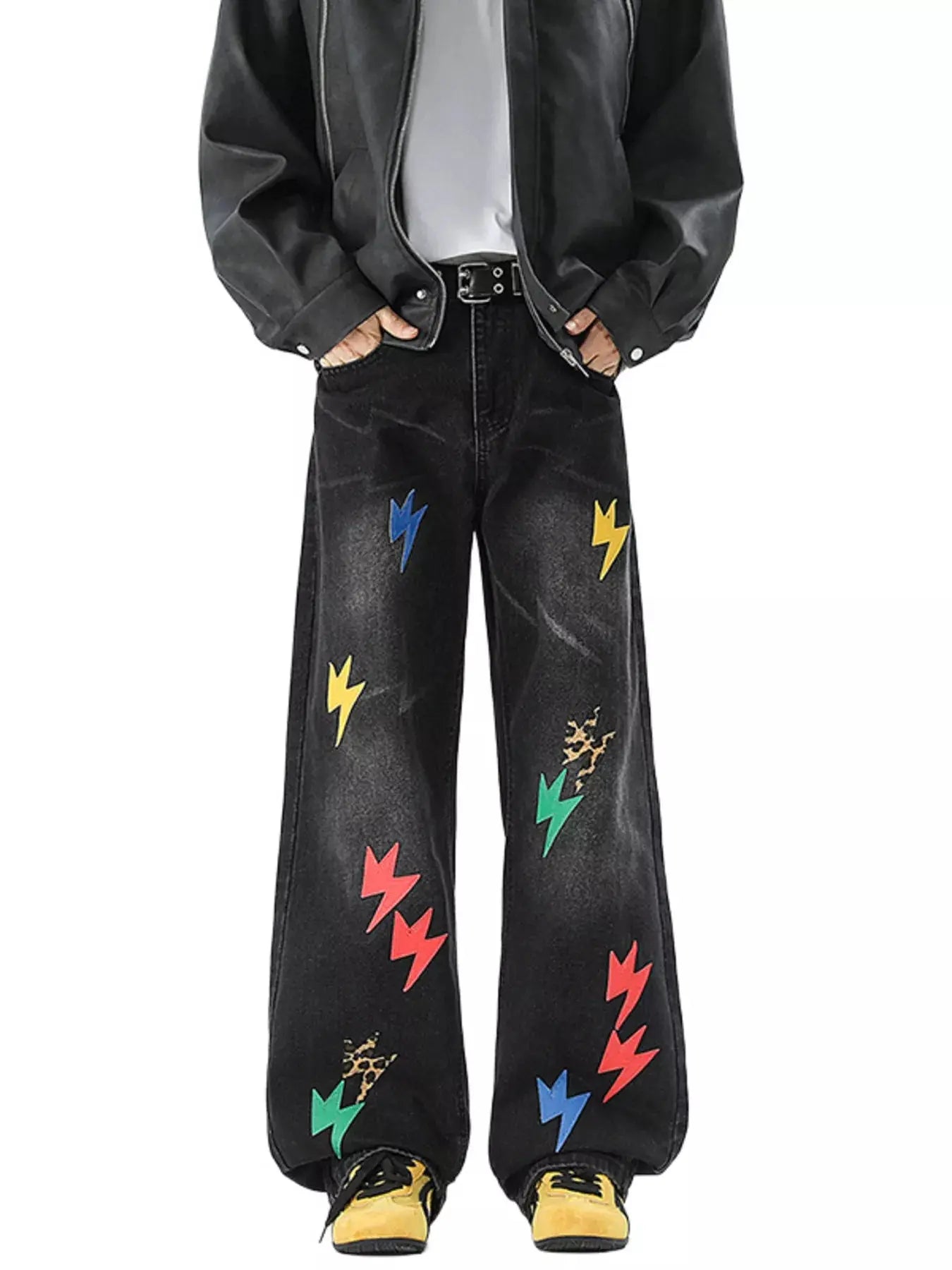 Men's Full Size Lightning Bolt Print Wide Leg Jeans Plus Size Simply Love