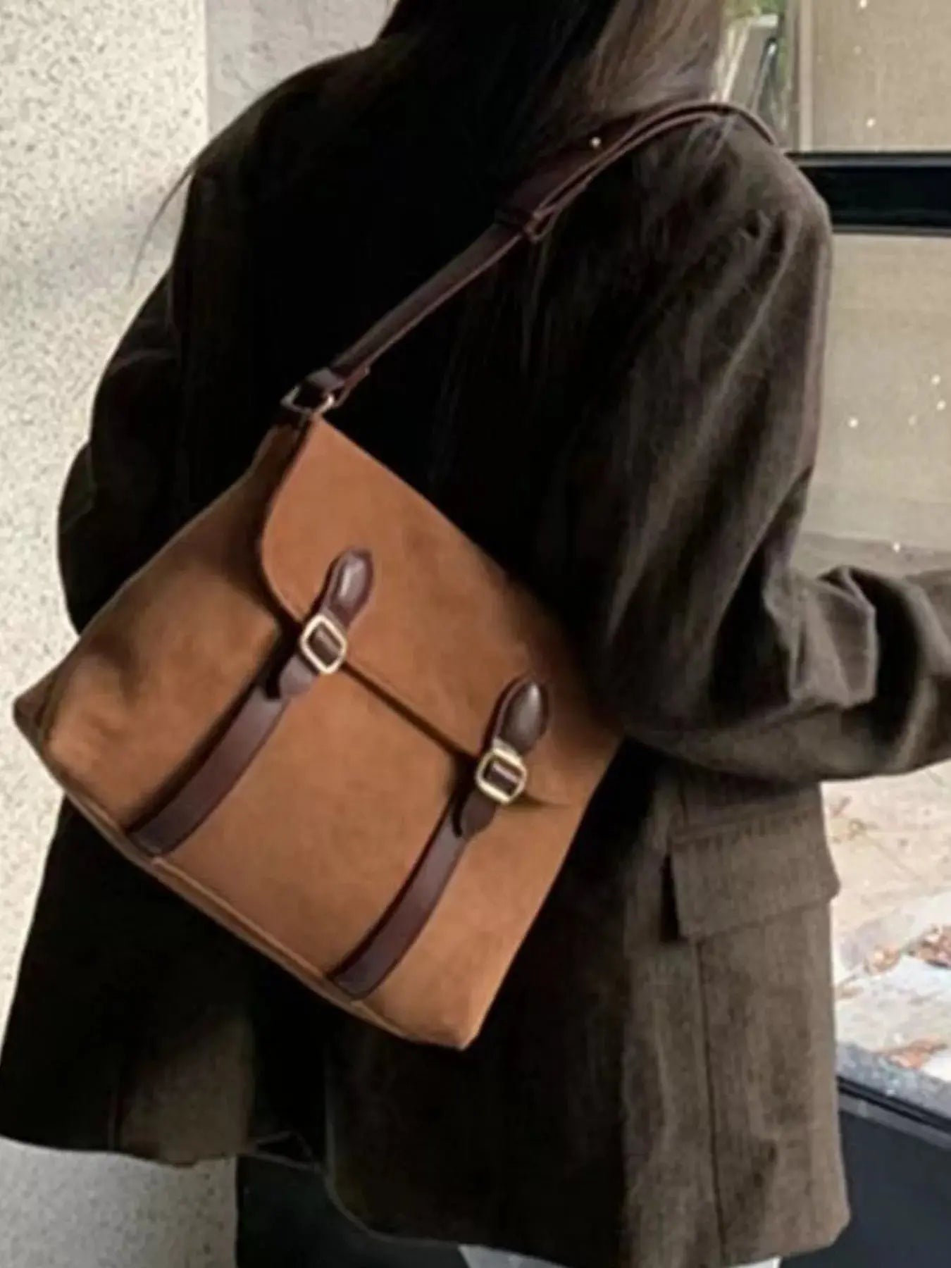 Tan Suede Double Buckle Crossbody Bag With Adjustable Straps Simply Love