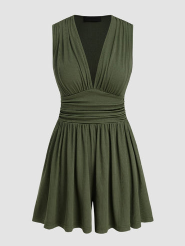 Ruched plunge neck sleeveless jumpsuit