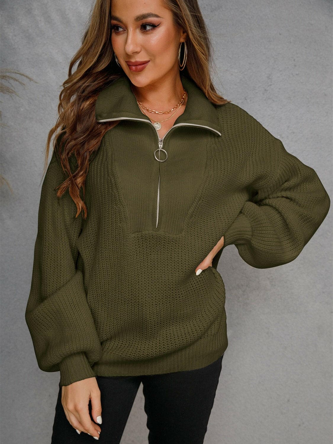 Half Zip Dropped Shoulder Sweater.