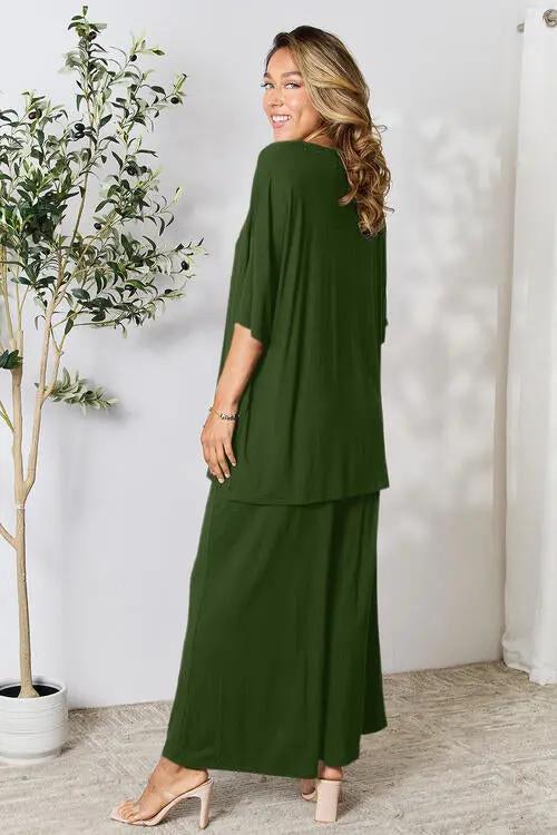 Double Take Full Size Round Neck Slit Top and Pants Set - Love Salve