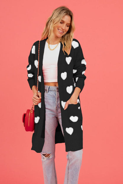 Heart Graphic Open Front Cardigan with Pockets.