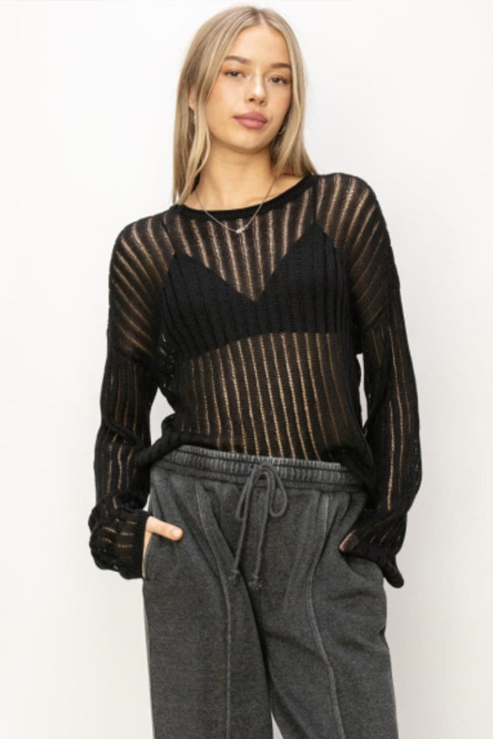 HYFVE Openwork Ribbed Long Sleeve Knit Top.