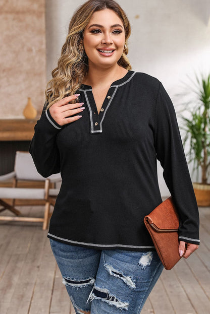 Plus Size Notched Neck Long Sleeve T-Shirt.