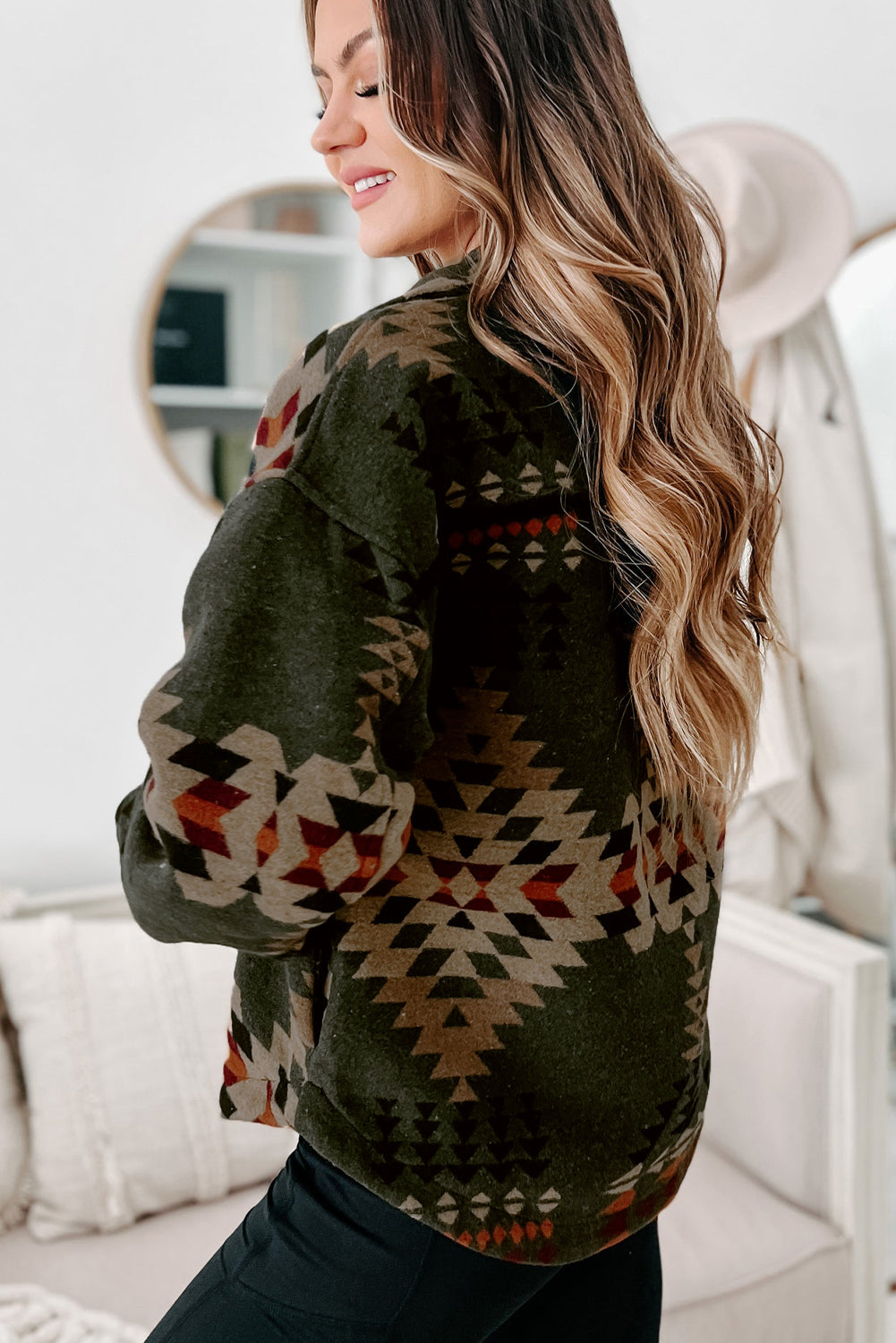 Chic green Aztec print long sleeve shacket with flap pockets